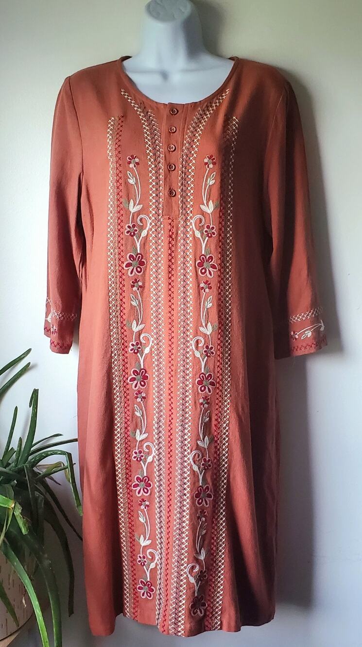 Hidden Alley Womens Terra Cotta Embrodered Linen Blend Dress Size Medium Boho